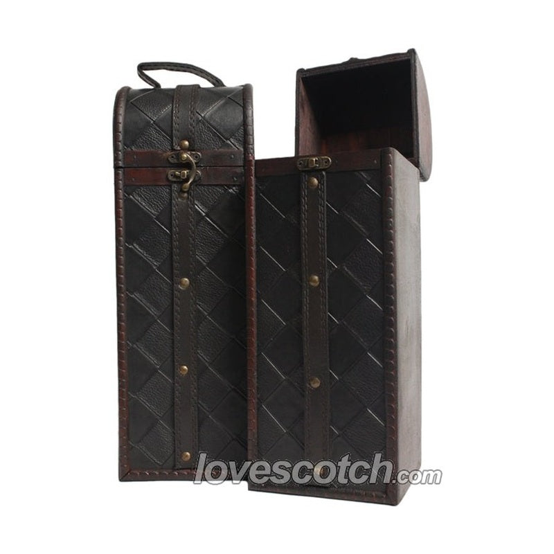 Gift Box - Wooden Black Diamond Leather Belted - Vintage Wine & Spirits