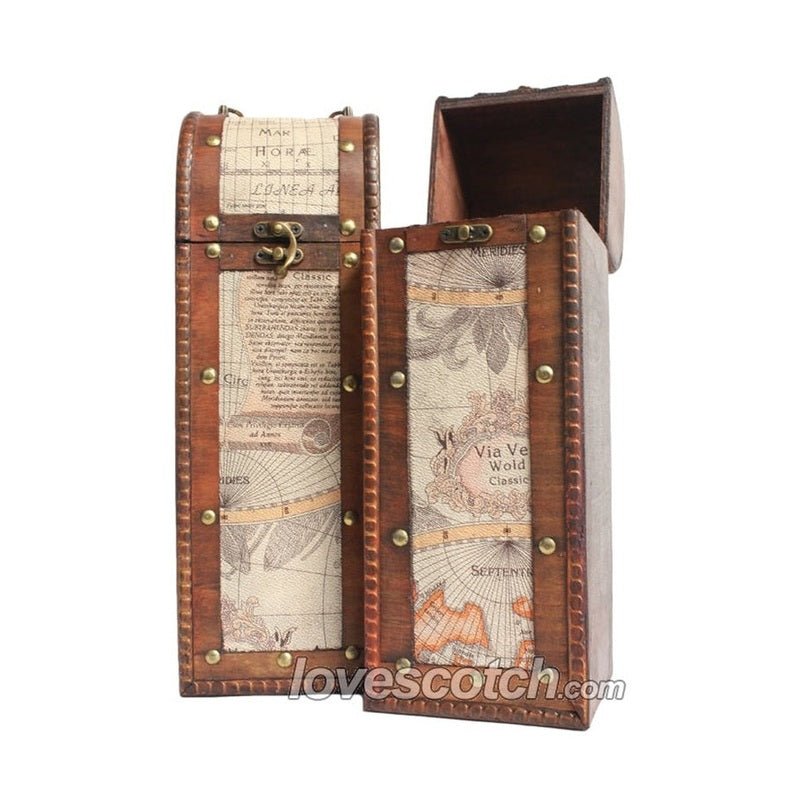 Gift Box - Wooden World Map Leather Belted - Vintage Wine & Spirits