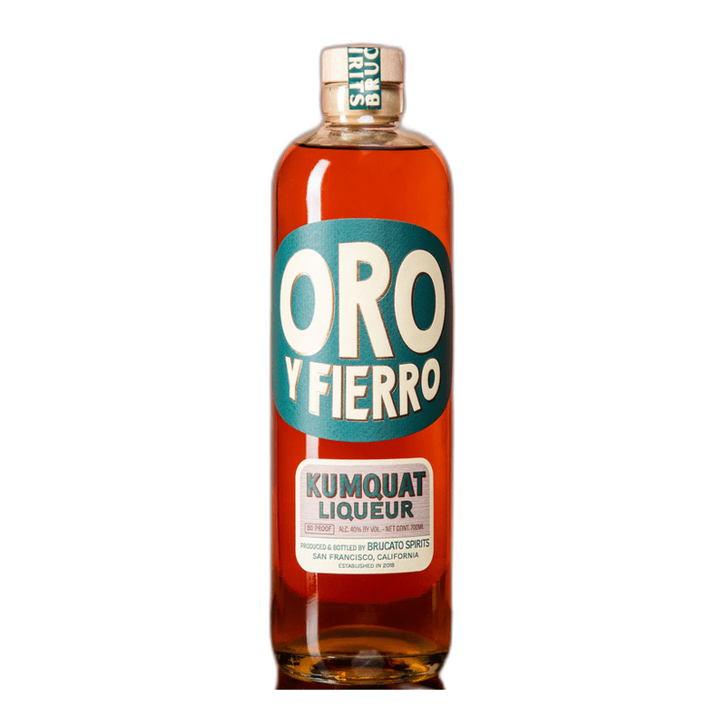 Brucato Oro y Fierro original Kumquat Liqueur 700 mL front bottle on white